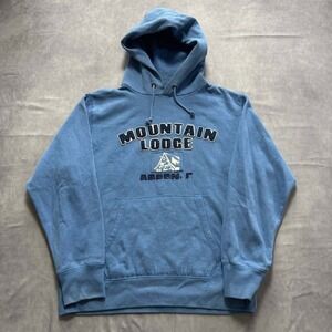Mountain Lodge Aspen Hoodie Blue Embroidered Fleece Sweatshirt Mens Medium